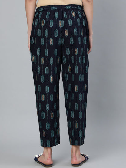 Women's Navy Blue Printed Trouser