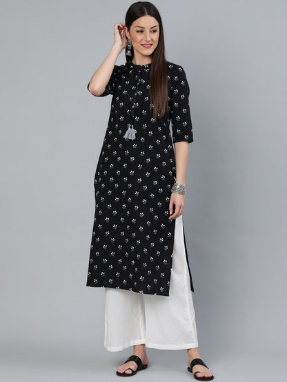 Women's Black Floral Printed Straight Kurta With Three Quarter Sleeves