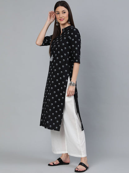Women's Black Floral Printed Straight Kurta With Three Quarter Sleeves