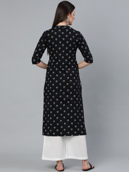 Women's Black Floral Printed Straight Kurta With Three Quarter Sleeves