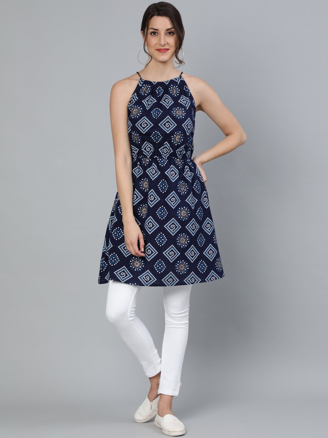 Women's Navy Blue Bandhani Printed Halter Neck Short Kurti