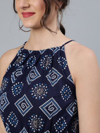 Women's Navy Blue Bandhani Printed Halter Neck Short Kurti