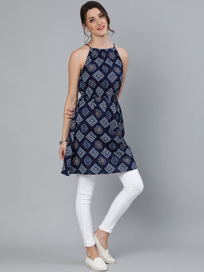 Women's Navy Blue Bandhani Printed Halter Neck Short Kurti