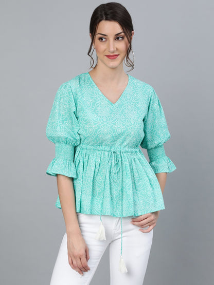Women's Sea Green & Off White Bandhani Printed Top With Three Quarter Sleeves