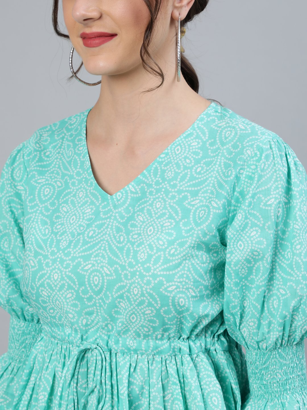 Women's Sea Green & Off White Bandhani Printed Top With Three Quarter Sleeves