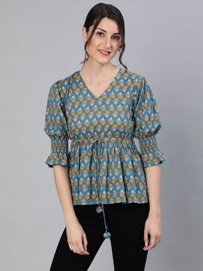 Women's Teal Blue & Yellow Printed Top With V Neck & Three Quarter Sleeves