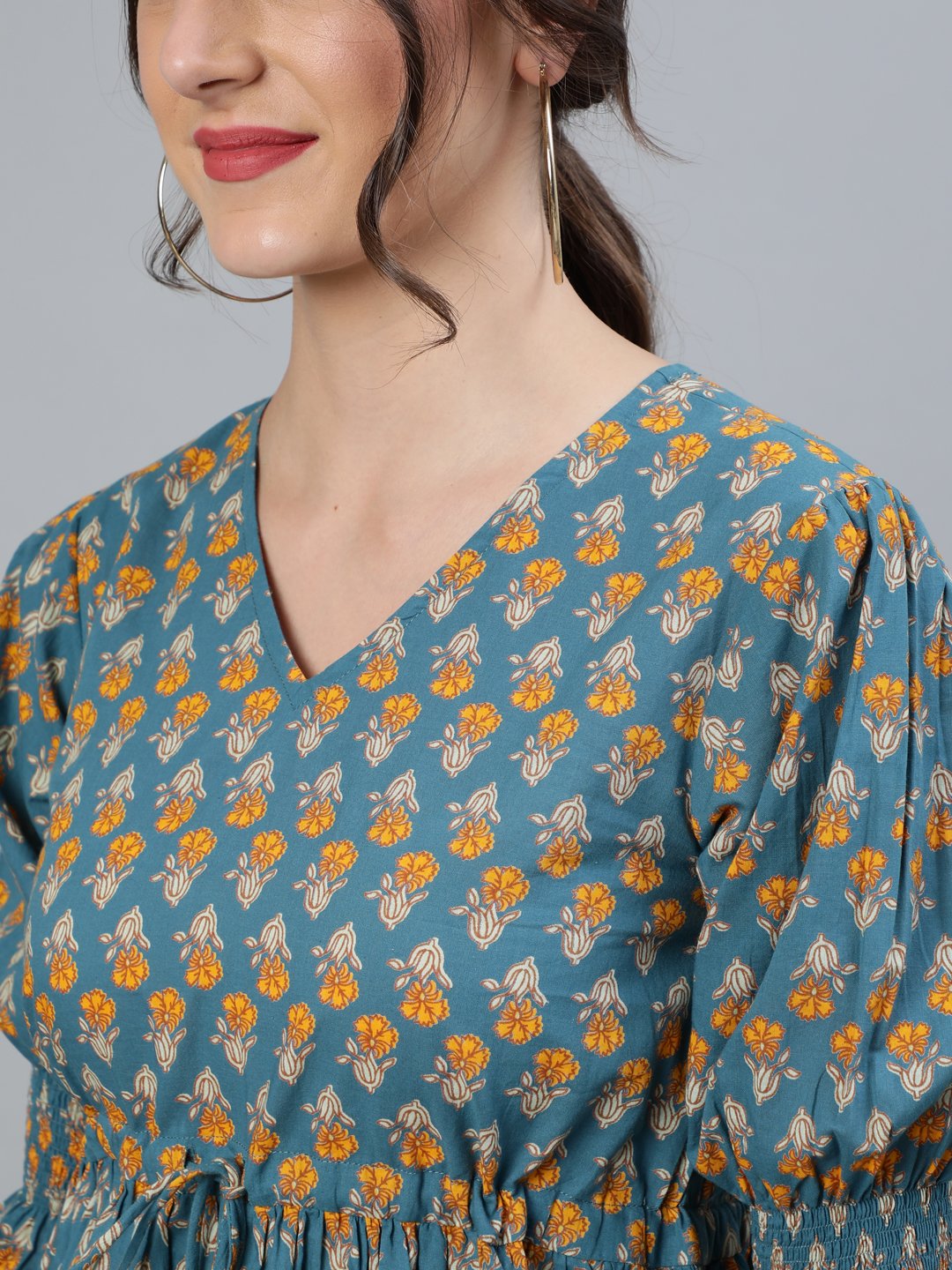 Women's Teal Blue & Yellow Printed Top With V Neck & Three Quarter Sleeves