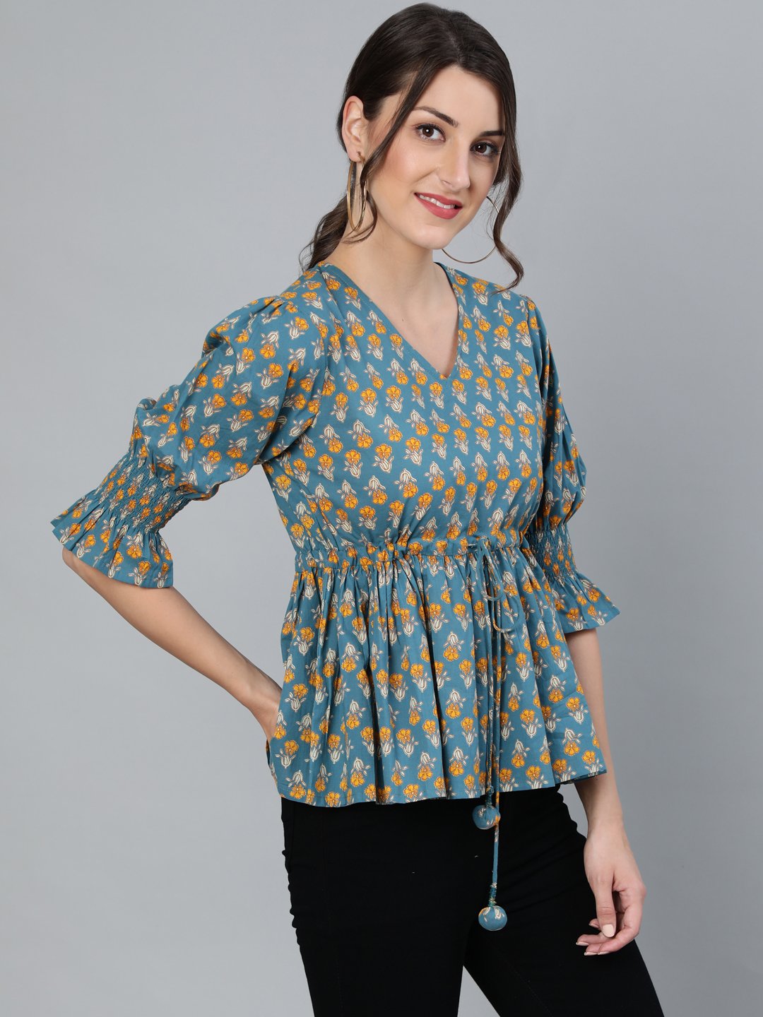 Women's Teal Blue & Yellow Printed Top With V Neck & Three Quarter Sleeves