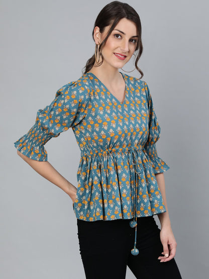Women's Teal Blue & Yellow Printed Top With V Neck & Three Quarter Sleeves