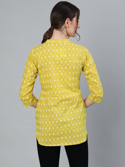 Women's Green Printed Tunic With Mandarin Collar & Three Quarter Sleeves