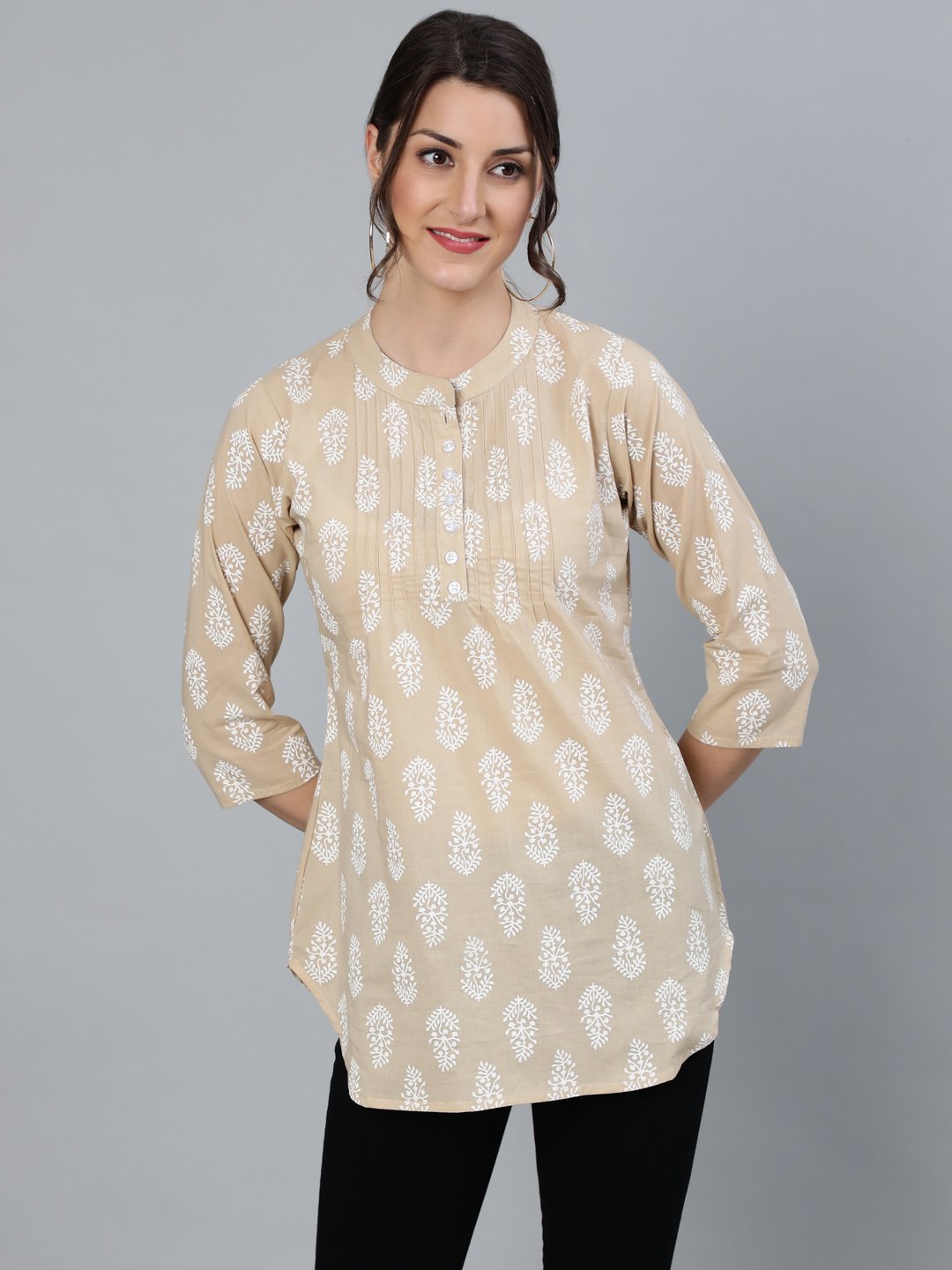 Women's Beige & White Printed Tunic With Mandarin Collar & Three Quarter Sleeves
