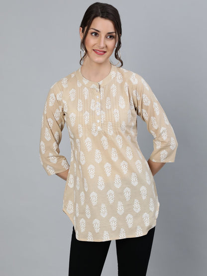 Women's Beige & White Printed Tunic With Mandarin Collar & Three Quarter Sleeves