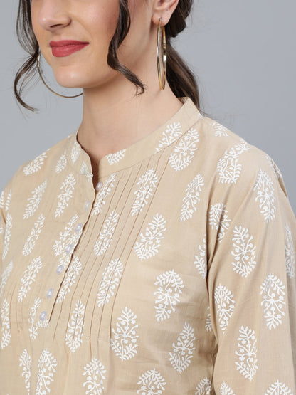 Women's Beige & White Printed Tunic With Mandarin Collar & Three Quarter Sleeves