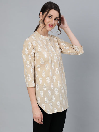 Women's Beige & White Printed Tunic With Mandarin Collar & Three Quarter Sleeves