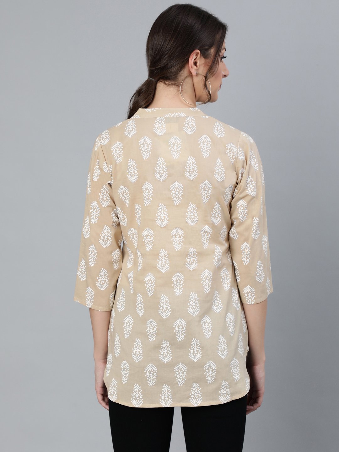 Women's Beige & White Printed Tunic With Mandarin Collar & Three Quarter Sleeves