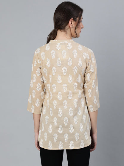 Women's Beige & White Printed Tunic With Mandarin Collar & Three Quarter Sleeves