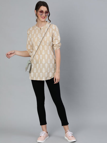 Women's Beige & White Printed Tunic With Mandarin Collar & Three Quarter Sleeves