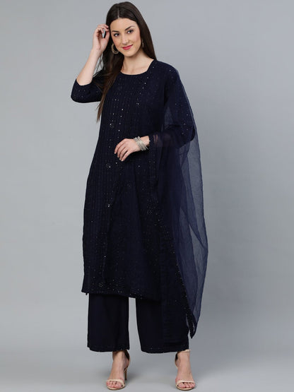 Women's Navy Blue Sequence Embroidered Straight Kurta Plazzo With Net Dupatta