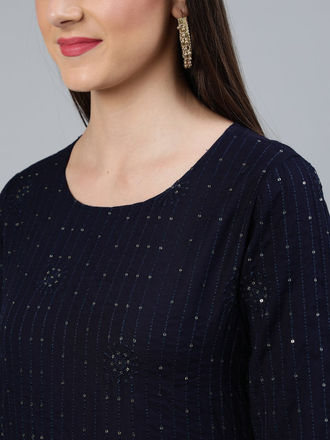 Women's Navy Blue Sequence Embroidered Straight Kurta Plazzo With Net Dupatta