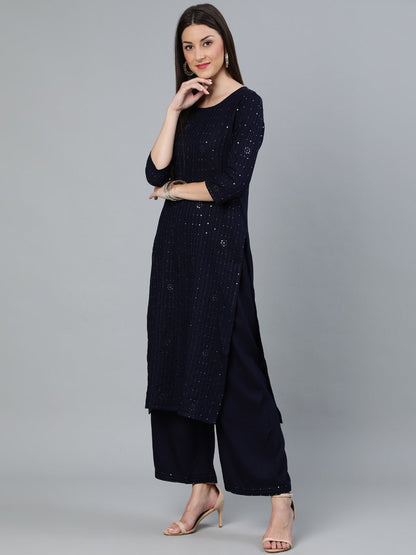 Women's Navy Blue Sequence Embroidered Straight Kurta Plazzo With Net Dupatta