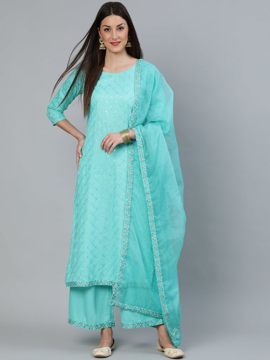 Women's Turquoise Blue Sequence Embroidered Straight Kurta Plazzo With Net Dupatta