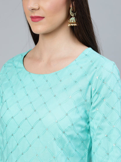 Women's Turquoise Blue Sequence Embroidered Straight Kurta Plazzo With Net Dupatta