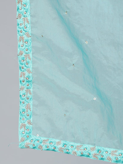 Women's Turquoise Blue Sequence Embroidered Straight Kurta Plazzo With Net Dupatta