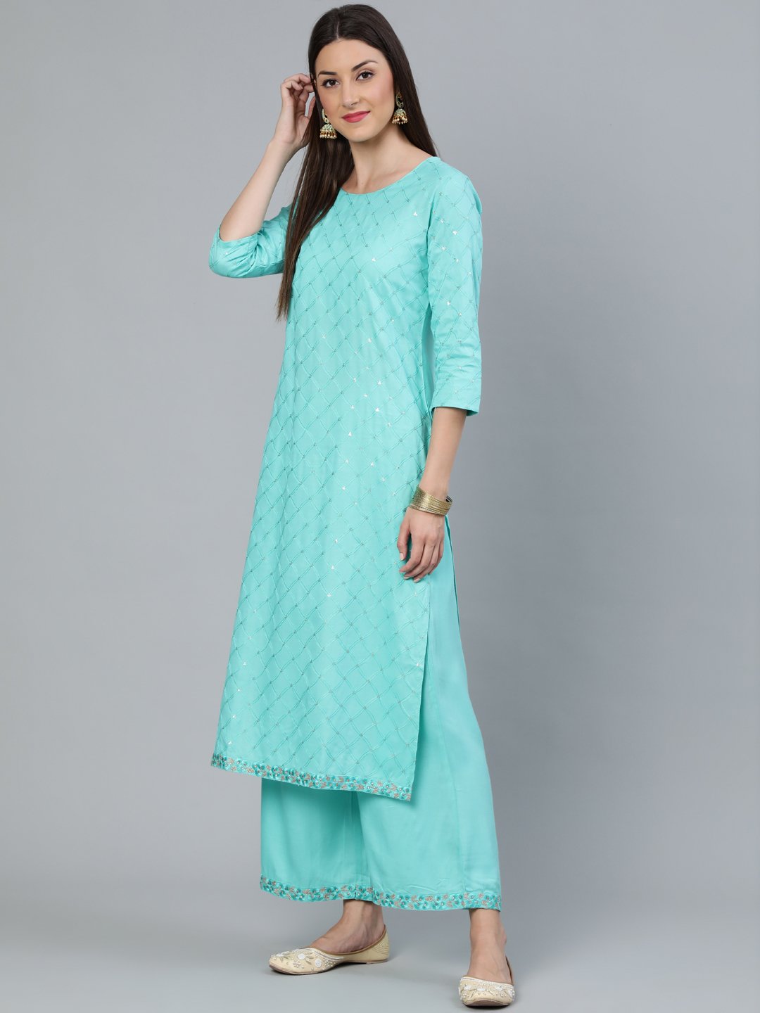 Women's Turquoise Blue Sequence Embroidered Straight Kurta Plazzo With Net Dupatta