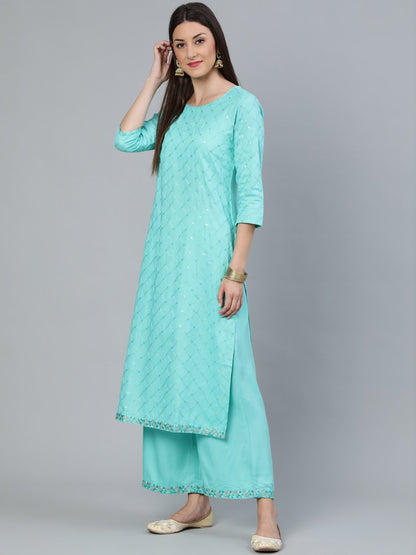 Women's Turquoise Blue Sequence Embroidered Straight Kurta Plazzo With Net Dupatta