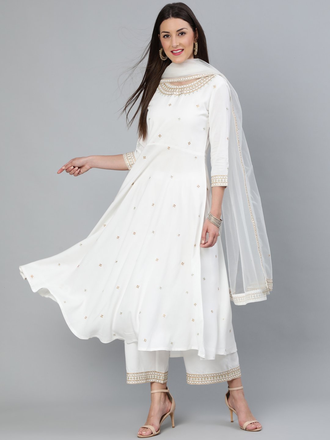 Women's Off-White Gold Embroidered Flared Kurta Plazzo With Net Dupatta