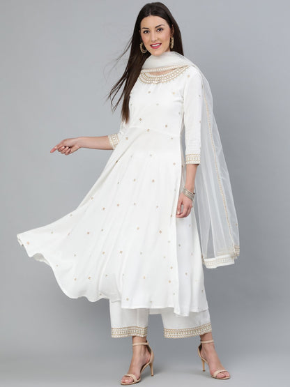 Women's Off-White Gold Embroidered Flared Kurta Plazzo With Net Dupatta
