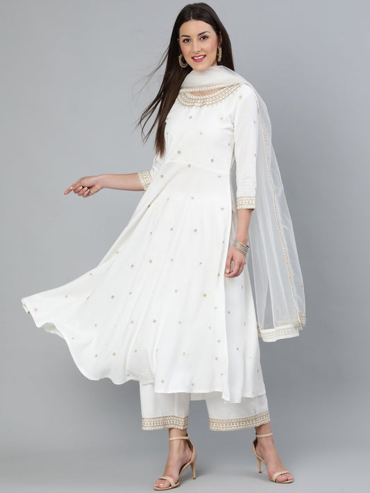 Women's Off-White Gold Embroidered Flared Kurta Plazzo With Net Dupatta