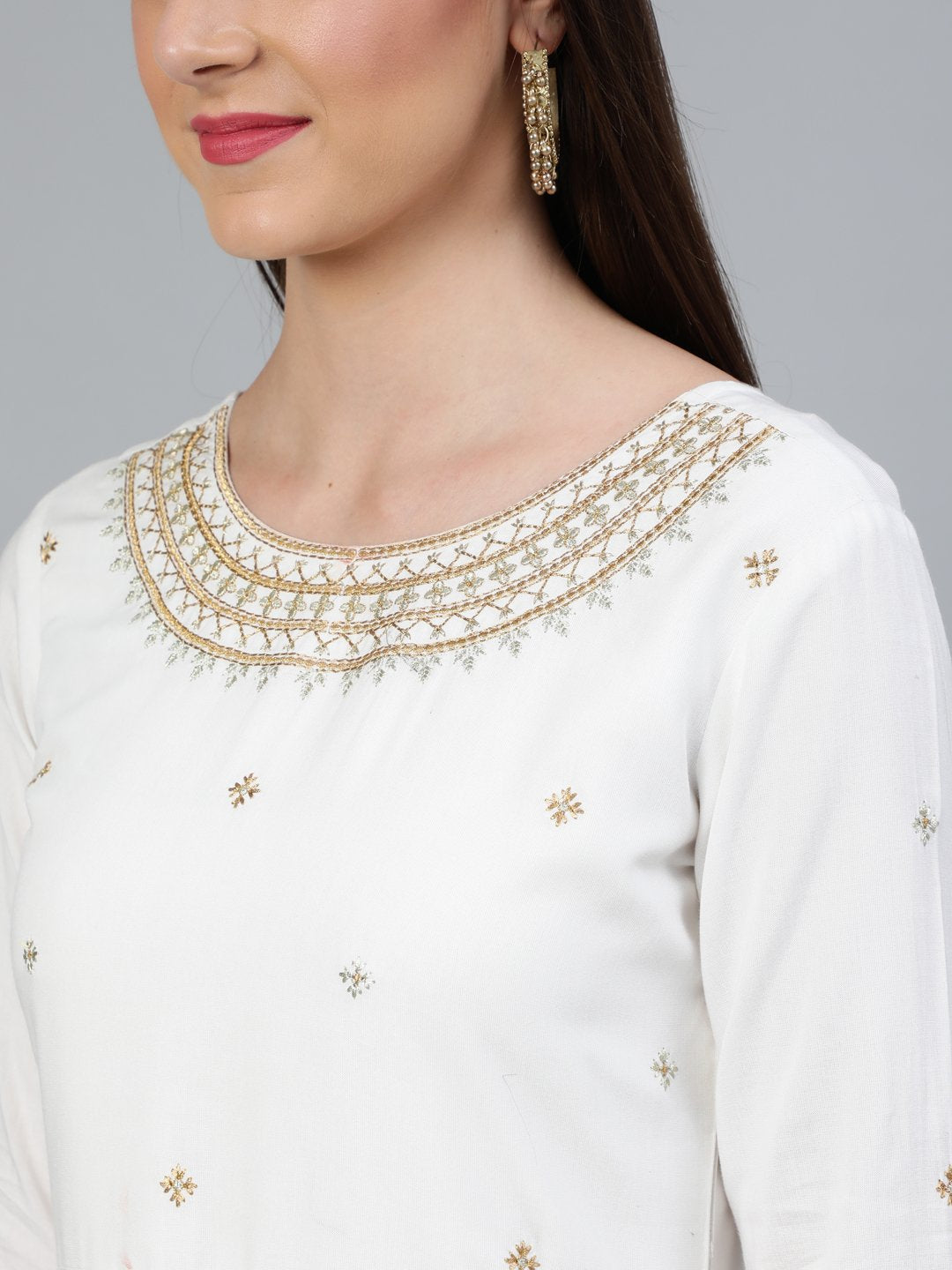 Women's Off-White Gold Embroidered Flared Kurta Plazzo With Net Dupatta