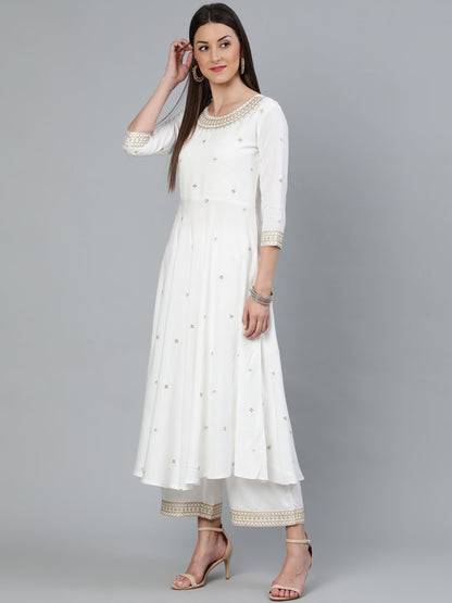 Women's Off-White Gold Embroidered Flared Kurta Plazzo With Net Dupatta