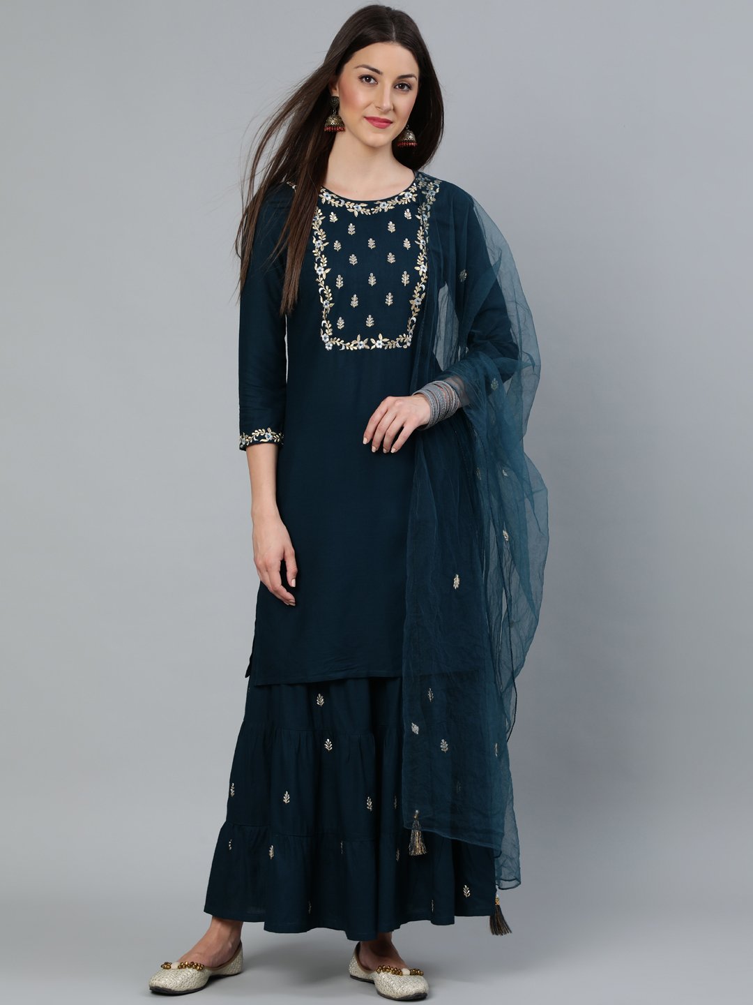 Women's Teal Blue Gold Embroidered Straight Kurta With Tired Sharara & Organza Dupatta