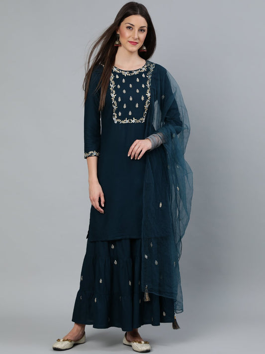 Women's Teal Blue Gold Embroidered Straight Kurta With Tired Sharara & Organza Dupatta
