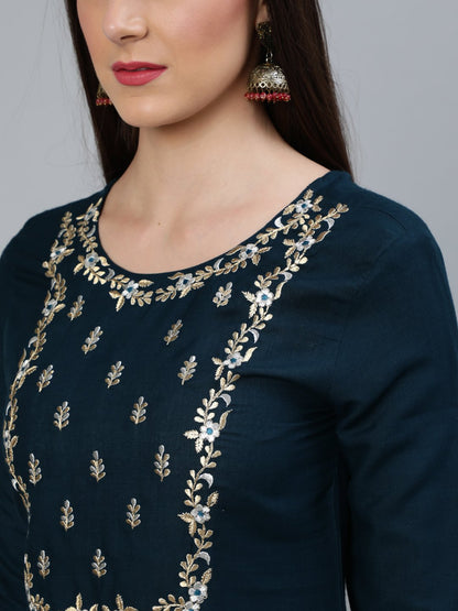 Women's Teal Blue Gold Embroidered Straight Kurta With Tired Sharara & Organza Dupatta