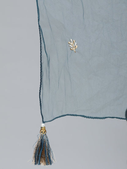 Women's Teal Blue Gold Embroidered Straight Kurta With Tired Sharara & Organza Dupatta