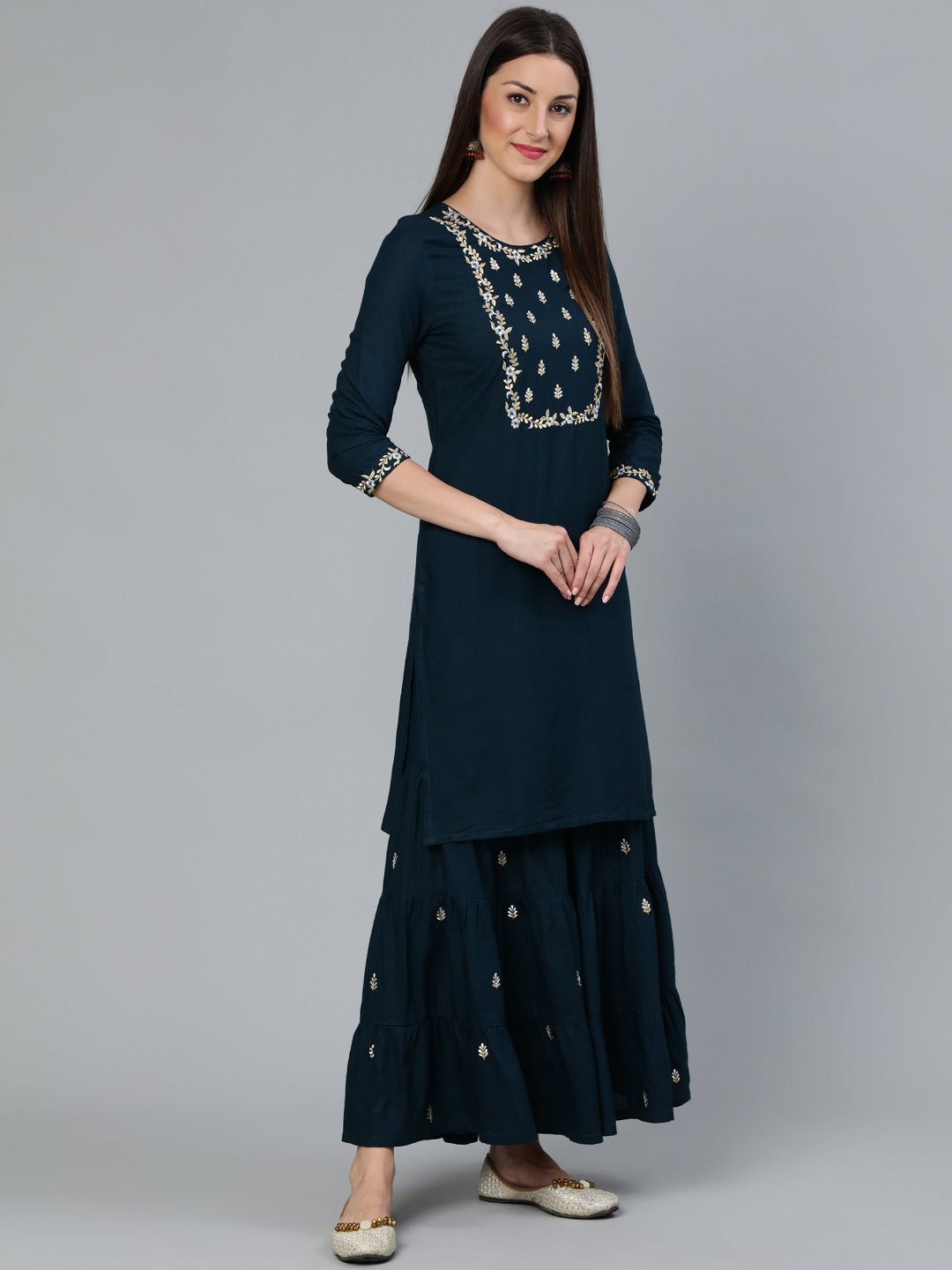 Women's Teal Blue Gold Embroidered Straight Kurta With Tired Sharara & Organza Dupatta