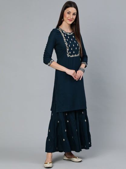 Women's Teal Blue Gold Embroidered Straight Kurta With Tired Sharara & Organza Dupatta