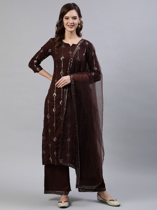 Women's Dark Brown Sequence Straight Kurta Plazzo & Net Dupatta