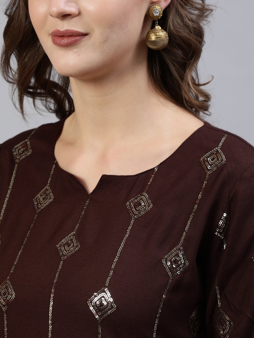 Women's Dark Brown Sequence Straight Kurta Plazzo & Net Dupatta
