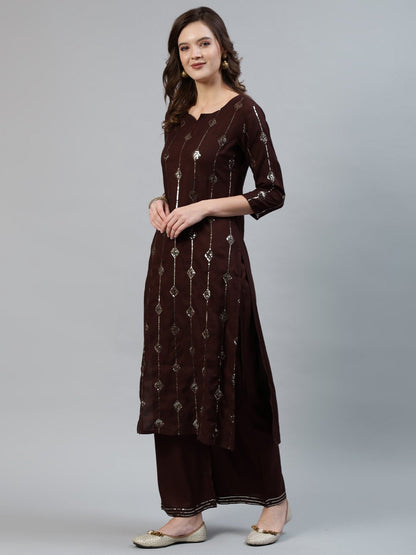 Women's Dark Brown Sequence Straight Kurta Plazzo & Net Dupatta