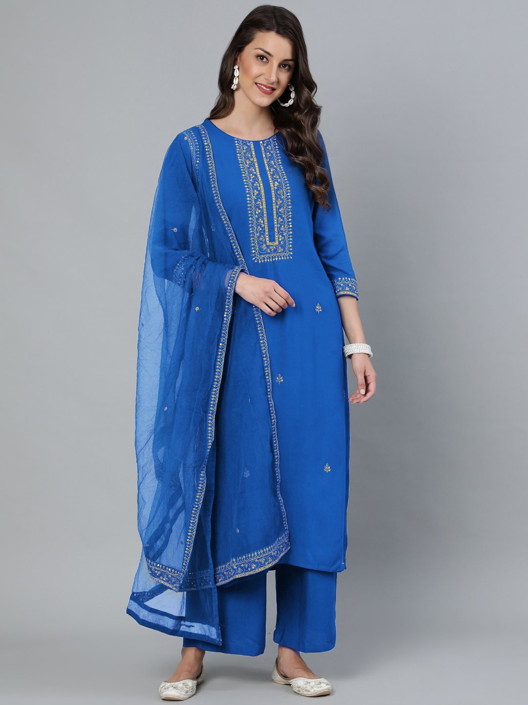 Women's Teal Blue Sequence Embroidered Straight Kurta Plazzo & Net Dupatta