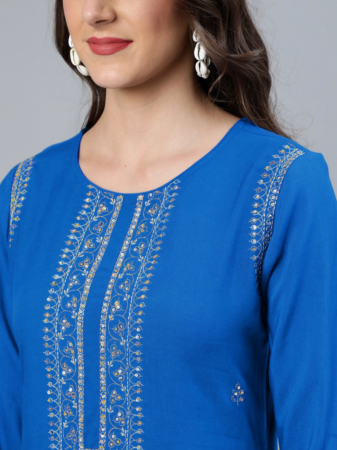 Women's Teal Blue Sequence Embroidered Straight Kurta Plazzo & Net Dupatta
