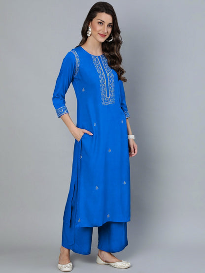 Women's Teal Blue Sequence Embroidered Straight Kurta Plazzo & Net Dupatta