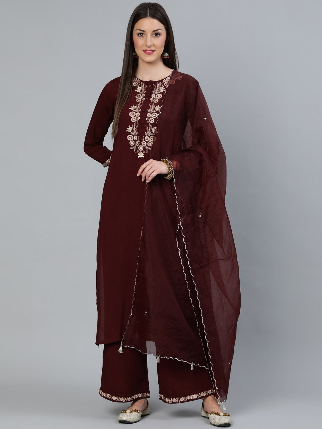 Women's Coffee Brown Embroidered Straight Kurta Plazzo & Scalloped Dupatta