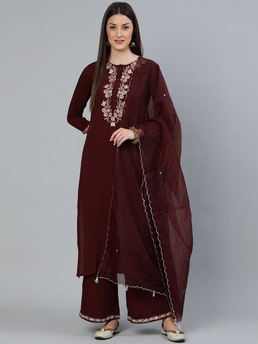 Women's Coffee Brown Embroidered Straight Kurta Plazzo & Scalloped Dupatta