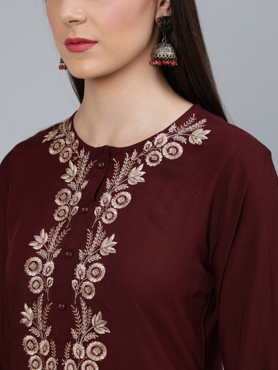 Women's Coffee Brown Embroidered Straight Kurta Plazzo & Scalloped Dupatta