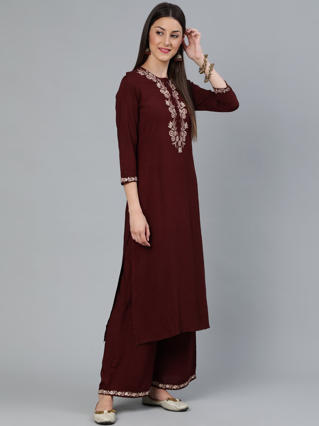 Women's Coffee Brown Embroidered Straight Kurta Plazzo & Scalloped Dupatta